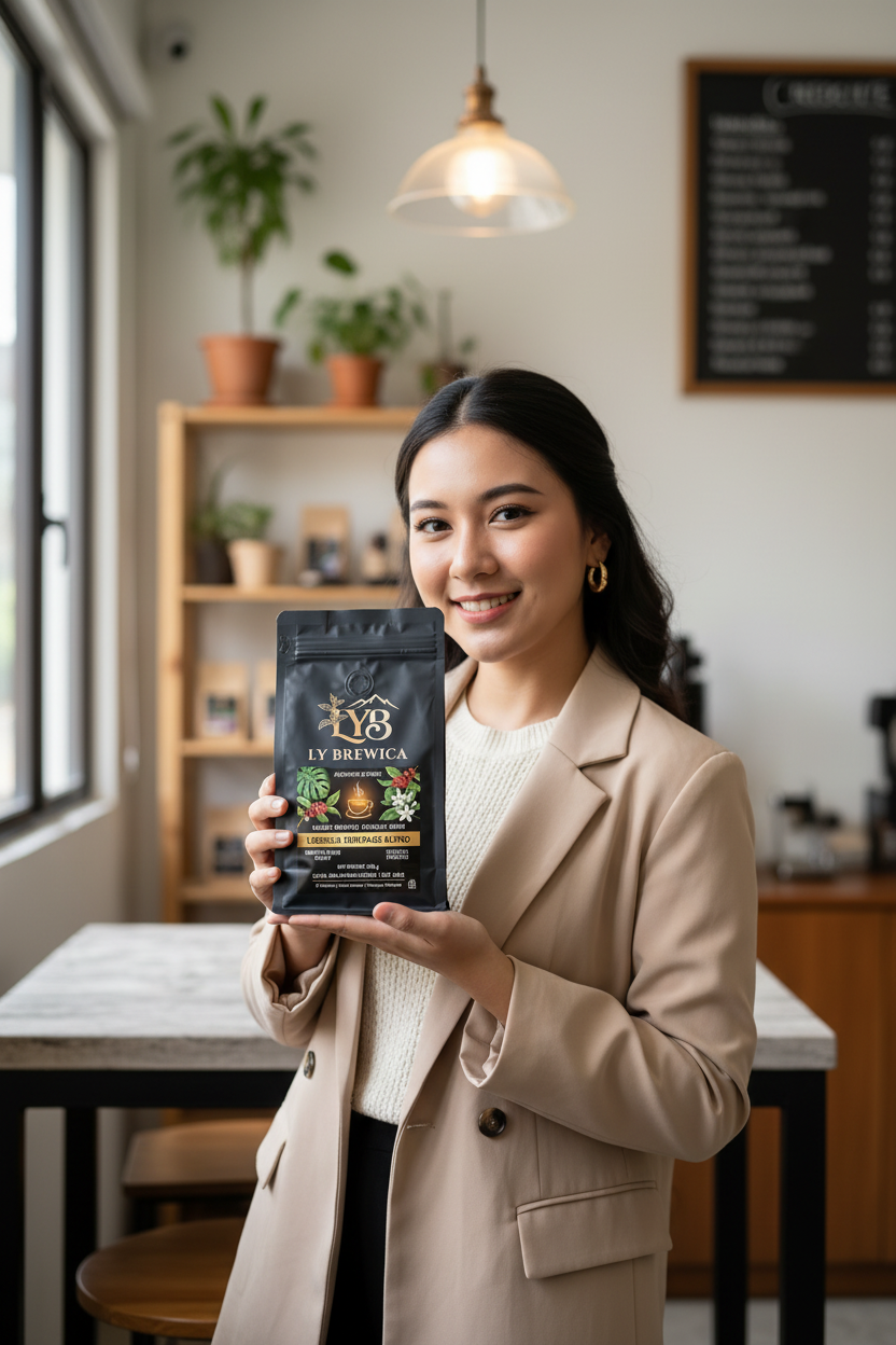 Girl Model Holding LY Brewica Liberica Heritage Blend